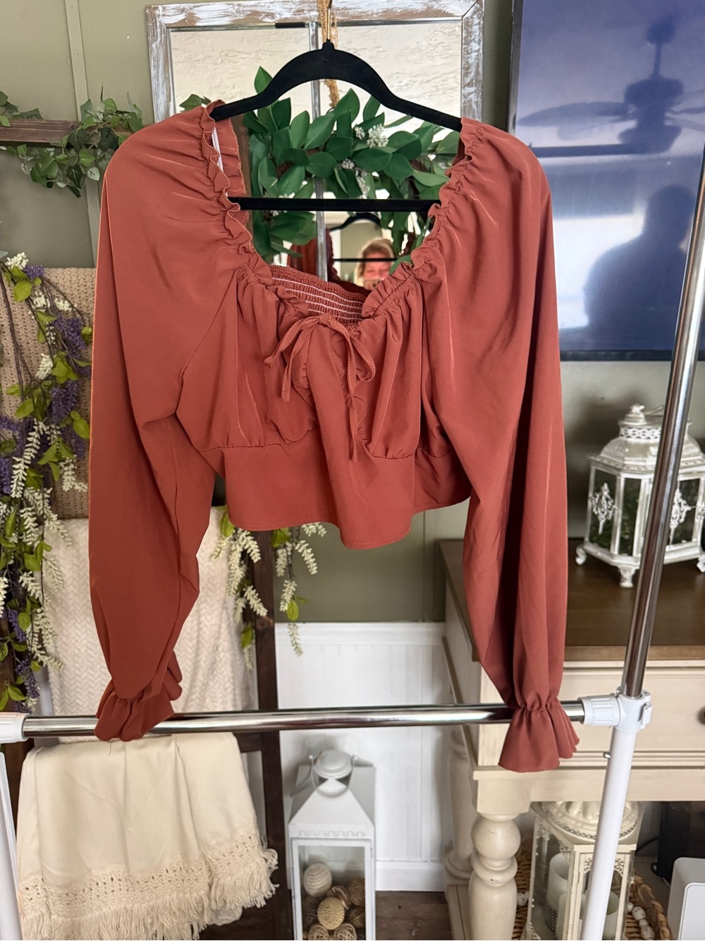 SHEIN Rust Tie-Front Peasant Crop Top